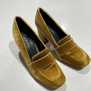 Gold velvet loafers